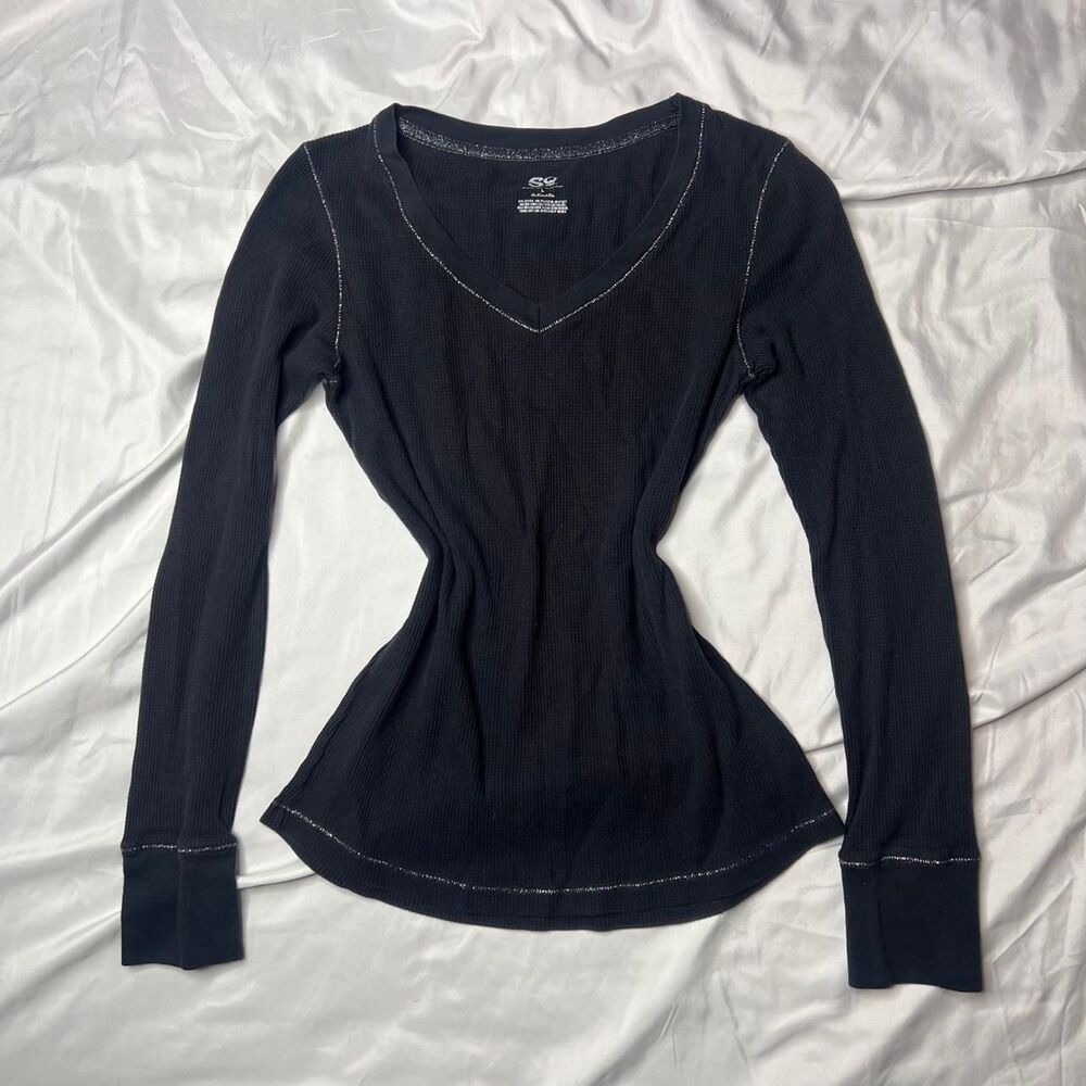 So Black Long Sleeve Thermal Top With Glitter Stitching Elevated Basic
